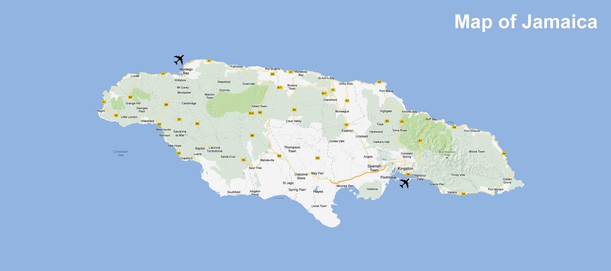 ਨਕਸ਼ਾ ਜਮਾਇਕਾ ਦੇ ਹਵਾਈ ਅੱਡੇ ਅਤੇ resorts