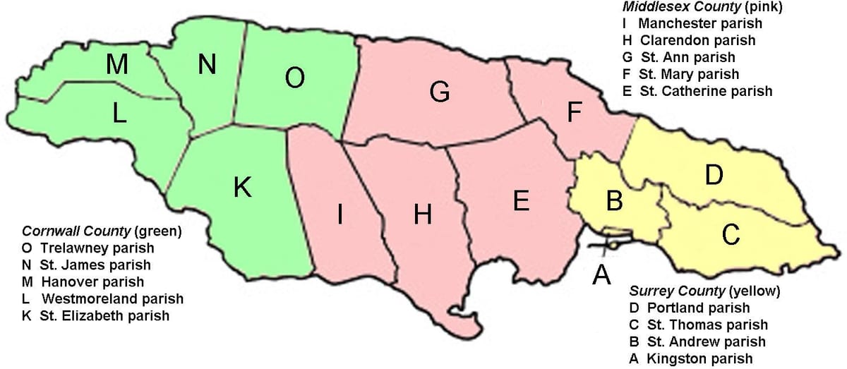 ਨਕਸ਼ਾ ਜਮਾਇਕਾ ਦੇ ਦਿਖਾ counties ਅਤੇ ਚਰਚ