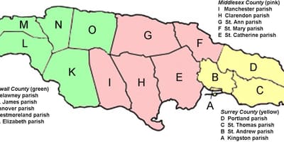 ਨਕਸ਼ਾ ਜਮਾਇਕਾ ਦੇ ਦਿਖਾ counties ਅਤੇ ਚਰਚ